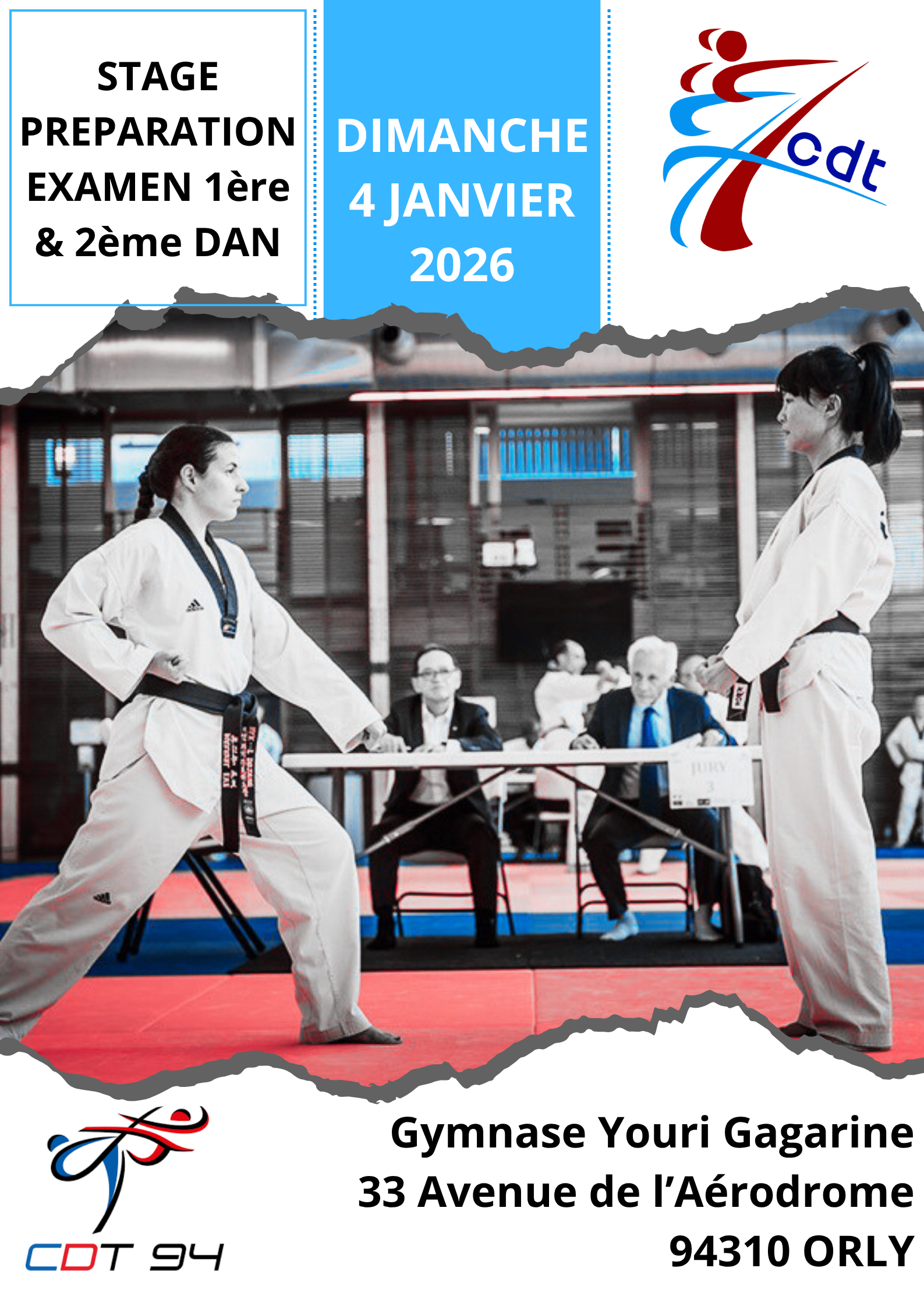 Affiche stage préparation examen DAN CDT77 Taekwondo janvier 2026