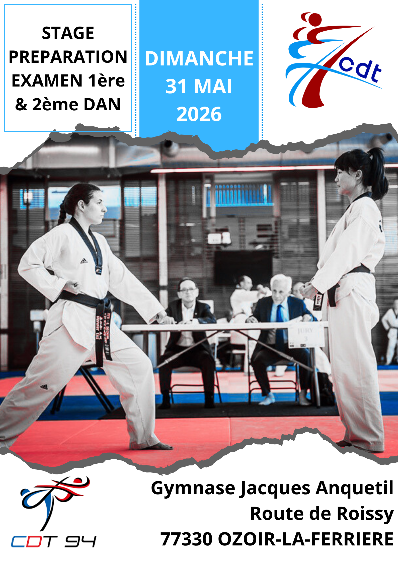 Affiche stage préparation examen DAN CDT77 Taekwondo mai 2026